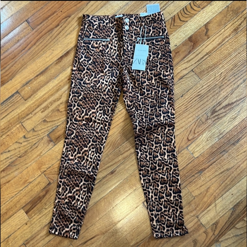 ZARA Animal Print Leopard Skinny Pants Mid Rise Jeans Zipper Black Moto - Picture 2 of 2